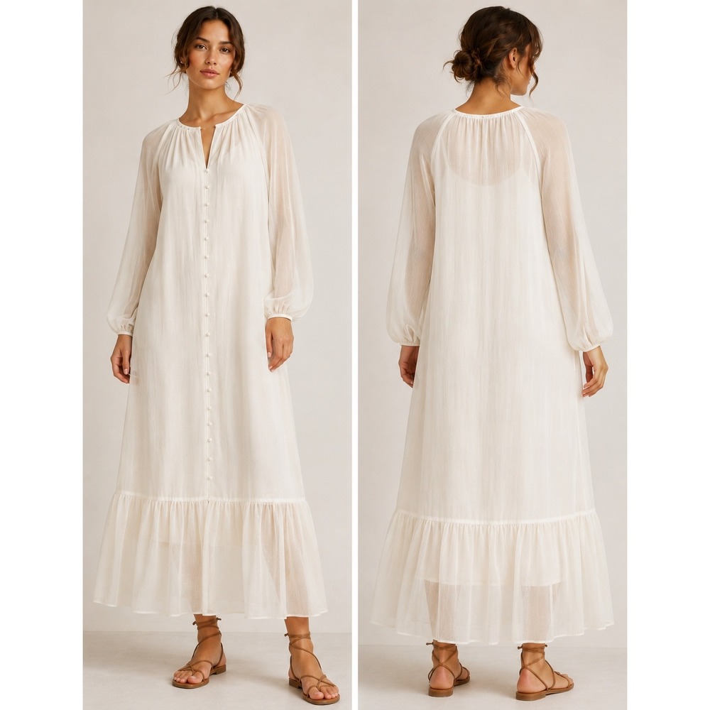 Wilfred Aritzia Midi Dress Size M White Chiffon Button Boho Ruffle Fairycore